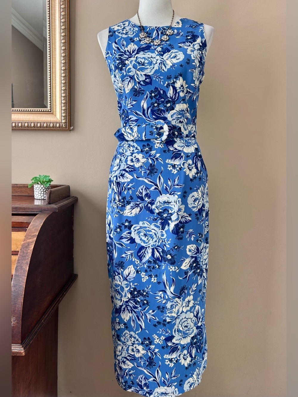 Vintage Blue Floral Open Cross Back Belted Sleeveless Wiggle Midi Dress Size 10